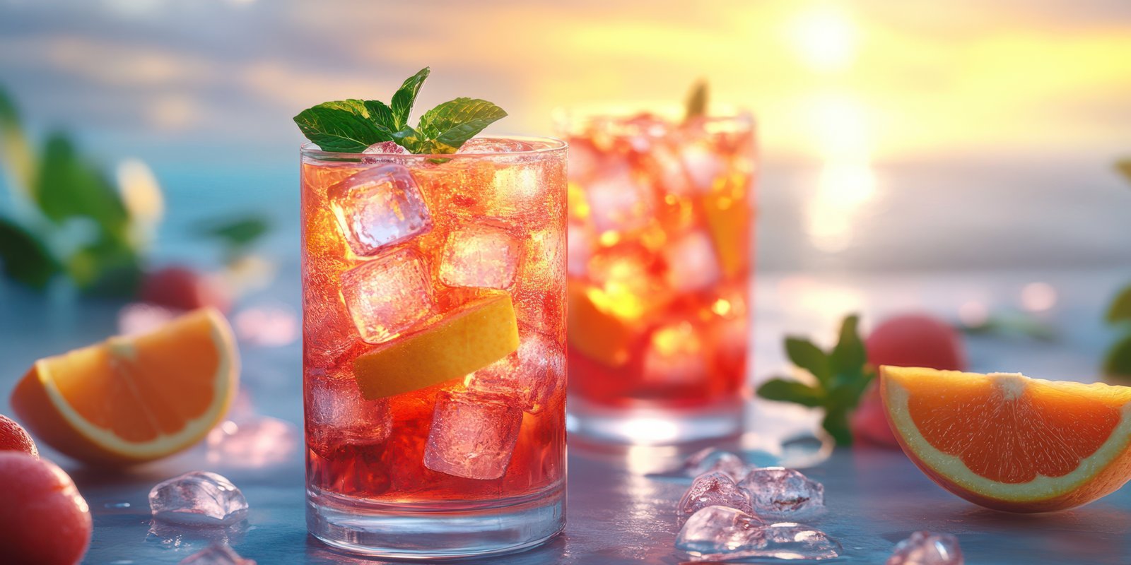 Refreshing summer cocktails with citrus and mint on a beach during sunset